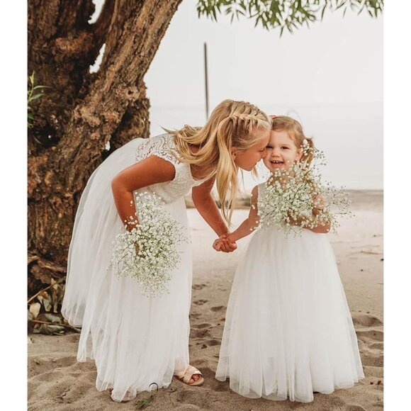 🆕Toddler Girls White Lace Cotton Tulle V Back Sleeveless Maxi Flower Girl Dress - Picture 3 of 8